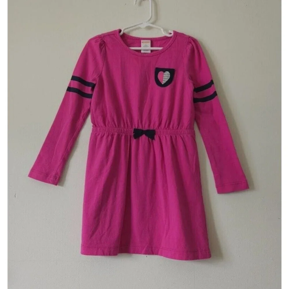 Gymboree Girls Long Sleeve Dress Round Neck Casual Fuchsia Heart Detail Size 5